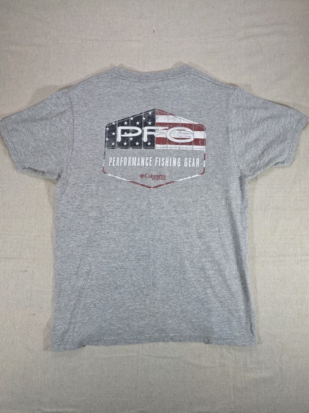 Columbia PFG Performance Fishing Gear USA Flag Logo T-Shirt Mens Medium Gray